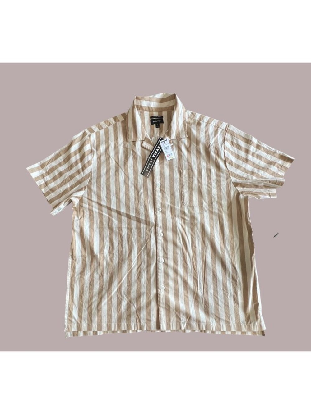 Brixton Mens Beige & White Striped Button-Up Shirt Size L Relaxed Fit 100% Cotto